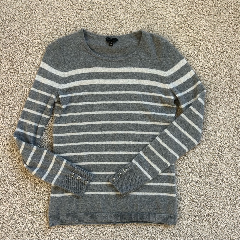 Talbots 100% cashmere women’s crewneck pullover sweater small grey striped